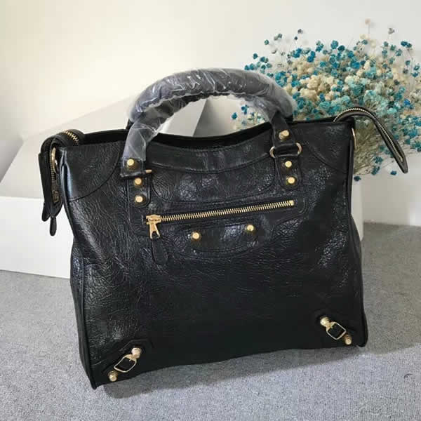 Fake Balenciaga Sheepskin Velo Bronze Nail Black Handbags With Golden Hardware