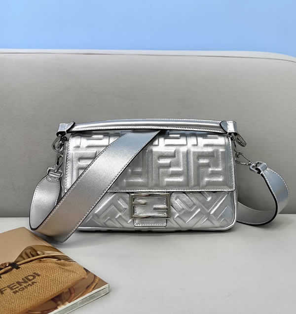 Fake Fendi Flap Crossbody Tote Sheepskin Embossed Silver Shoulder Bag 0135M