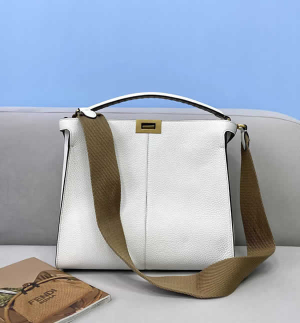 Fake New Fendi Peekaboo Classic Lychee Pattern Hand-Stitched White Shoulder Bag 305s