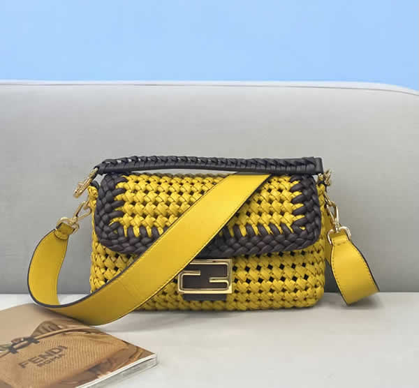 Fake Fendi New Hollow Woven Yellow Flap Shoulder Bag 8279