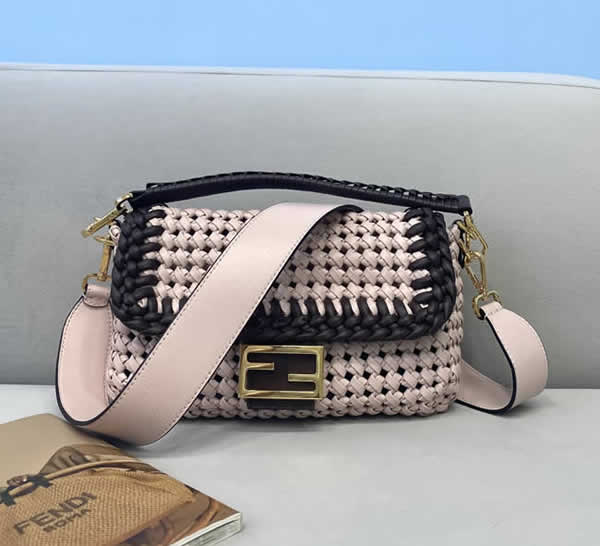 Fake Fendi New Hollow Woven Pink Flap Shoulder Bag 8279