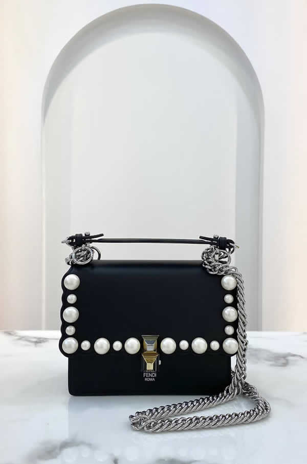 Fendi Kan I Mini Bag Scalloped Edge Round Bead Embellished Black Crossbody Bag 381