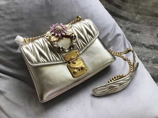 Replica MiuMiu Gold Matelasse Cowhide Crystal Large Diamond Flower Decoration Handbags 5BD103