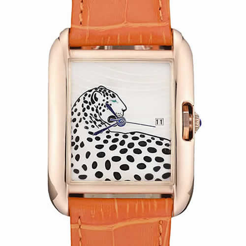 Cartier Tank Anglaise White Tiger Dial Gold Case Orange Leather Bracelet