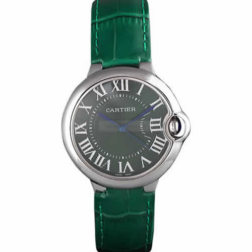 Cartier Ballon Bleu Silver Bezel with Green Dial and Green Leather Band   621553