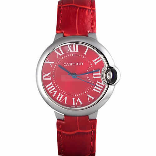 Cartier Ballon Bleu Silver Bezel with Red Dial and Red Leather Band   621556