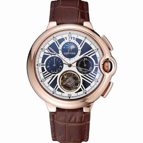 Cartier Ballon Bleu Flying Tourbillon Chronograph White Dial Rose Gold Case Brown Leather Strap