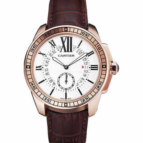 Cartier Calibre De Cartier Small Seconds White Dial Rose Gold Case Brown Leather Strap