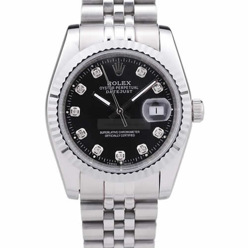 Rolex Datejust Black Dial Diamonds Ribbed Bezel 7458