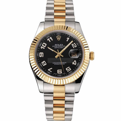 Swiss Rolex Datejust Black Dial Gold Bezel Stainless Steel Case Two Tone Bracelet